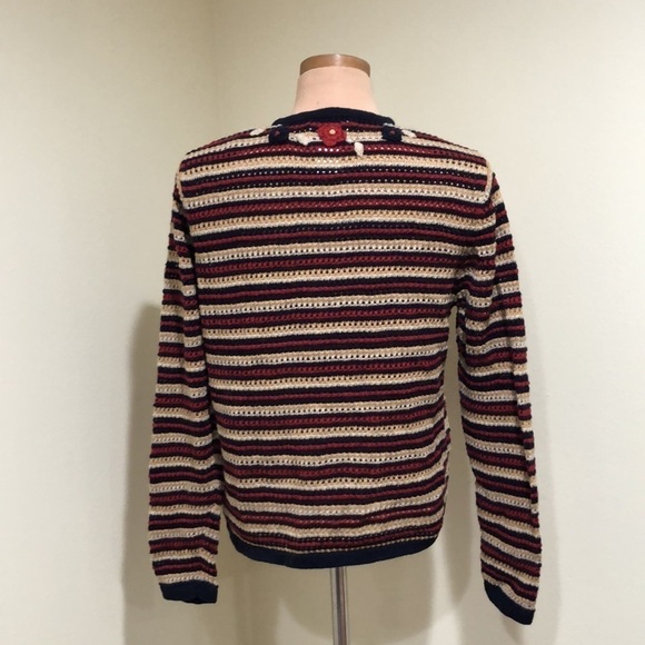 Vintage Cardigan Sweater Size Medium Crochet Navy Blue Tan Red Striped Floral - Picture 5 of 9